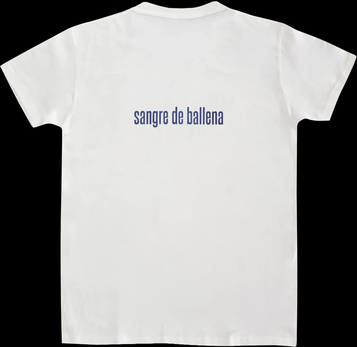 Espalda de la camiseta Pufferfish con el texto «sangre de ballena» en azul